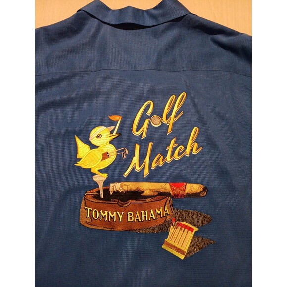 Vintage Tommy Bahama Silk Shirt Mens XL Blue Golf Match Embroidered Button Up - Picture 1 of 6
